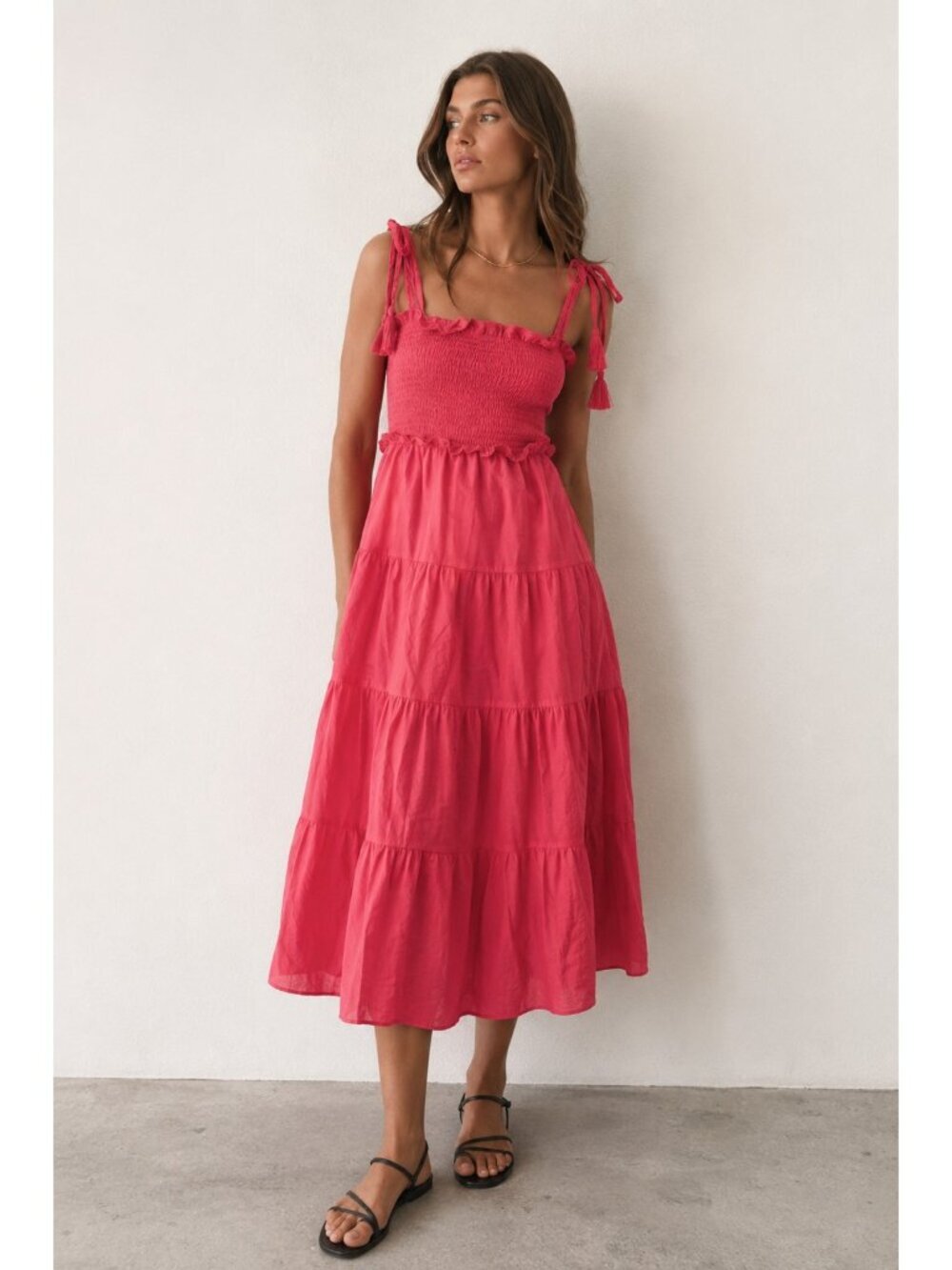 Tuckernuck Smocked Tie Strap Tiered Midi Dress Pink Cotton Blend Ruffle XXXL